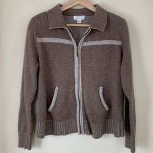 Brown cardigan Sweater Vintage silk angora brown zip up ribbed knit fall medium‎